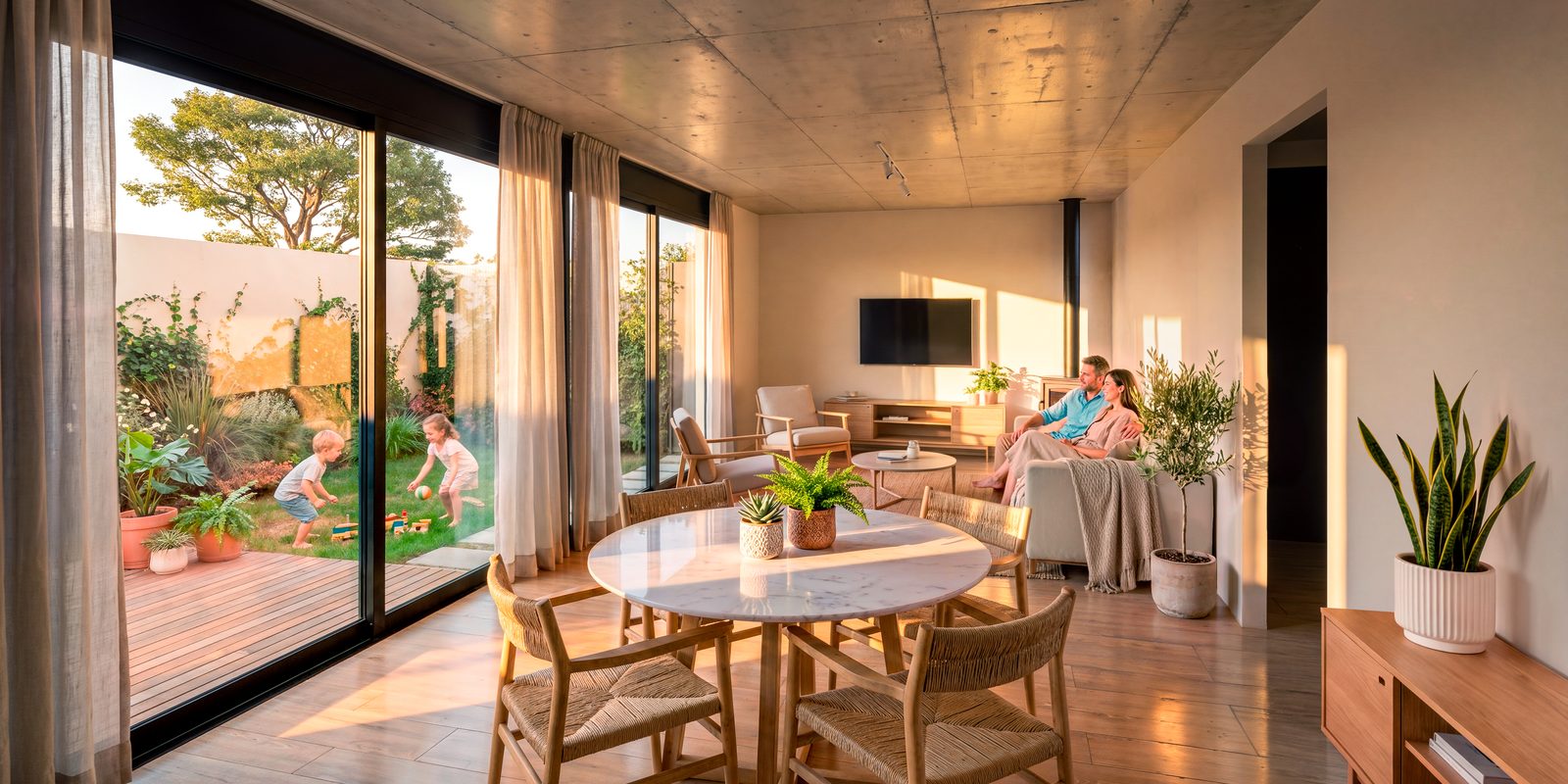 Living comedor con el ventanal abierto al deck y al jardin