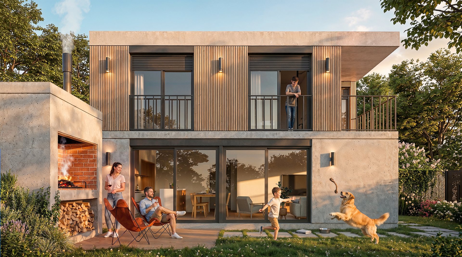 El fondo de una casa al atardecer: el parrillero, el deck, un chico jugando con el perro y alguien en el balcón
